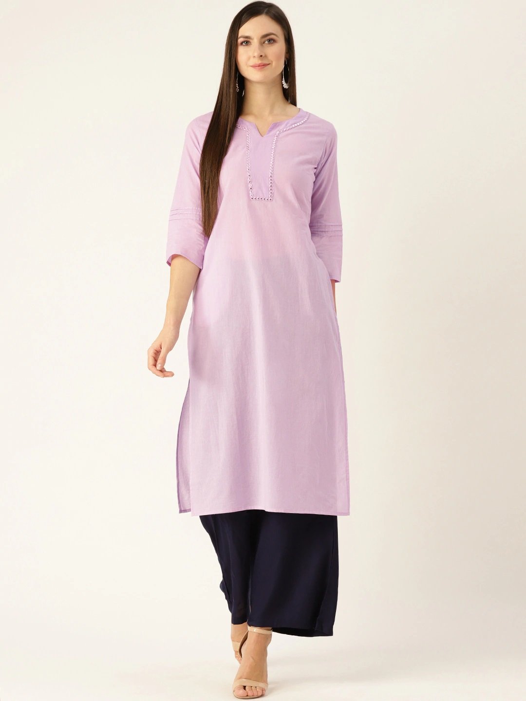 Women Lavender Calf Length Three-Quarter Sleeves Straight Solid Yoke Design Cotton Kurta | LASVINI - Redefining Indian Fashion with Elegance