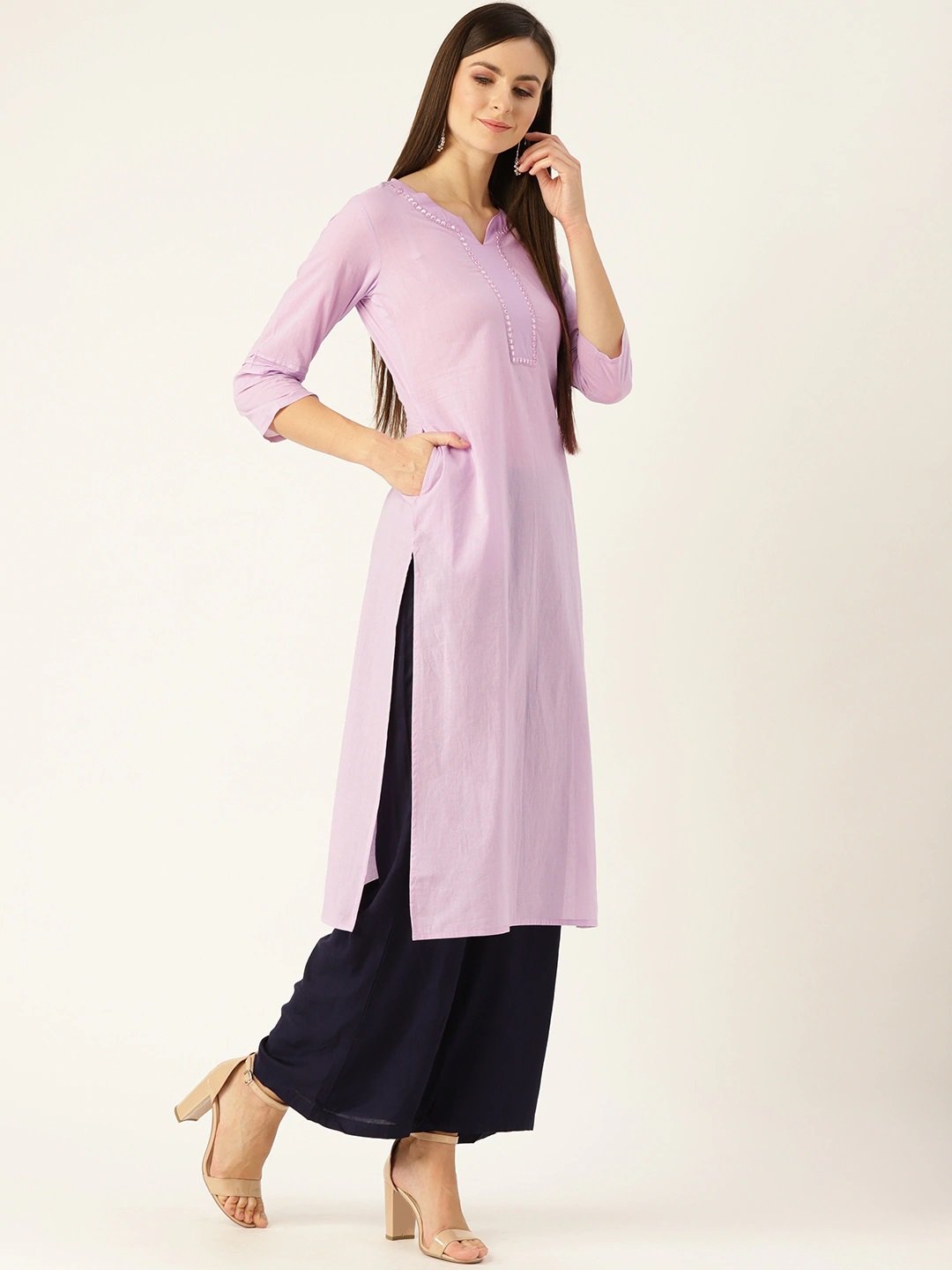 Women Lavender Calf Length Three-Quarter Sleeves Straight Solid Yoke Design Cotton Kurta | LASVINI - Redefining Indian Fashion with Elegance