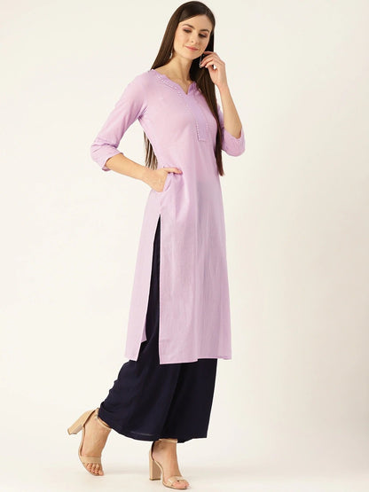 Women Lavender Calf Length Three-Quarter Sleeves Straight Solid Yoke Design Cotton Kurta | LASVINI - Redefining Indian Fashion with Elegance
