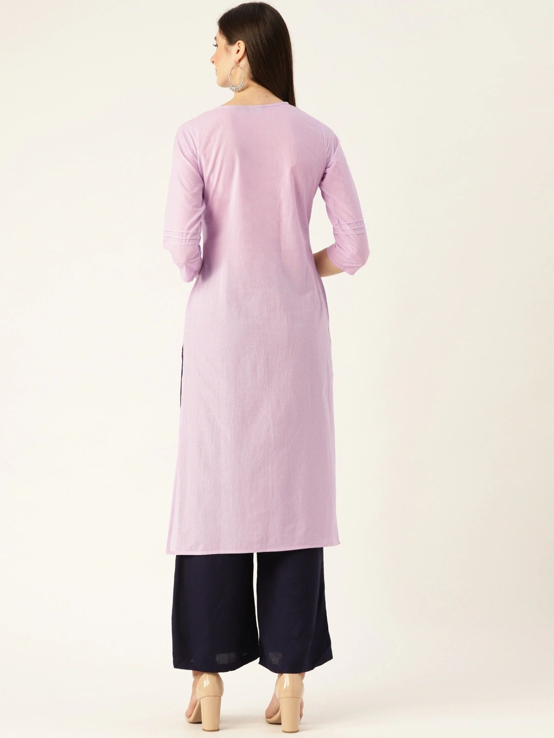 Women Lavender Calf Length Three-Quarter Sleeves Straight Solid Yoke Design Cotton Kurta | LASVINI - Redefining Indian Fashion with Elegance