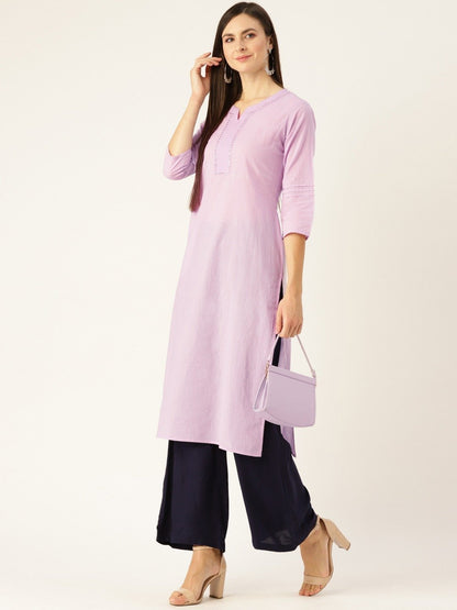 Women Lavender Calf Length Three-Quarter Sleeves Straight Solid Yoke Design Cotton Kurta | LASVINI - Redefining Indian Fashion with Elegance