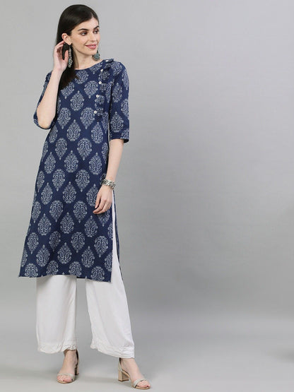 Women Navy Blue & White Printed Straight Kurta | LASVINI - Redefining Indian Fashion with Elegance
