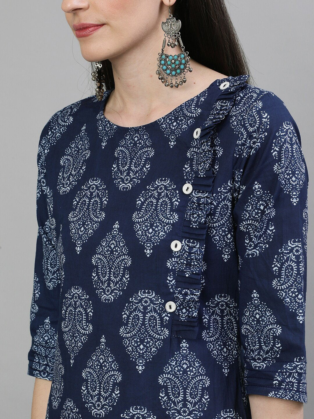Women Navy Blue & White Printed Straight Kurta | LASVINI - Redefining Indian Fashion with Elegance