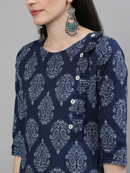 Women Navy Blue & White Printed Straight Kurta | LASVINI - Redefining Indian Fashion with Elegance