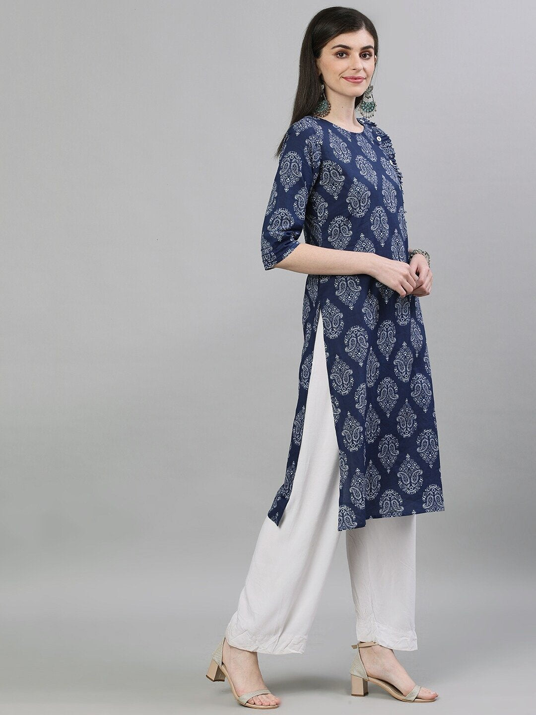 Women Navy Blue & White Printed Straight Kurta | LASVINI - Redefining Indian Fashion with Elegance
