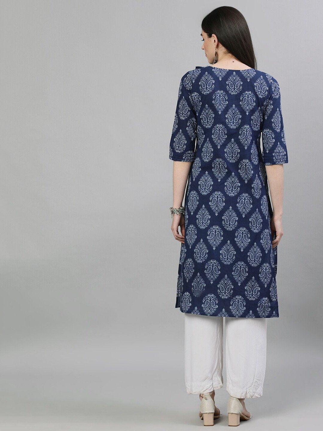 Women Navy Blue & White Printed Straight Kurta | LASVINI - Redefining Indian Fashion with Elegance