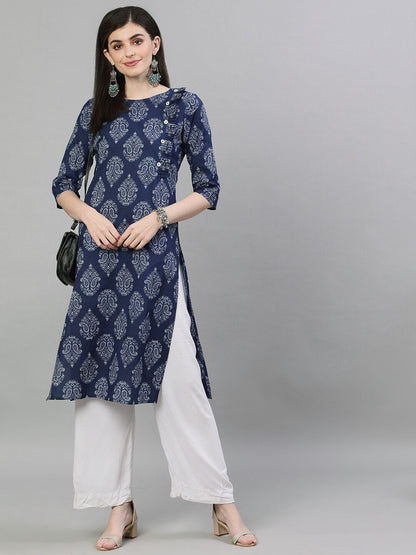 Women Navy Blue & White Printed Straight Kurta | LASVINI - Redefining Indian Fashion with Elegance