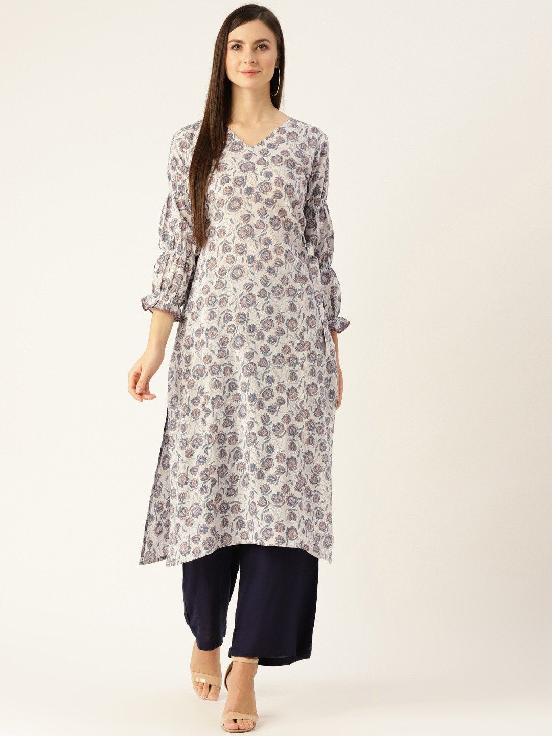 Women Grey Calf Length Three-Quarter Sleeves A-Line Floral Printed Cotton Kurta | LASVINI - Redefining Indian Fashion with Elegance