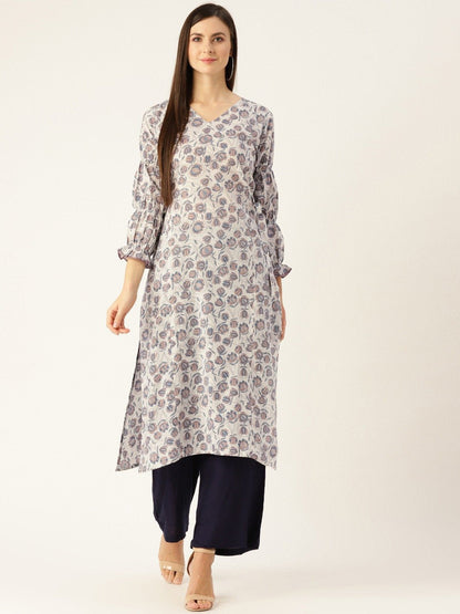 Women Grey Calf Length Three-Quarter Sleeves A-Line Floral Printed Cotton Kurta | LASVINI - Redefining Indian Fashion with Elegance