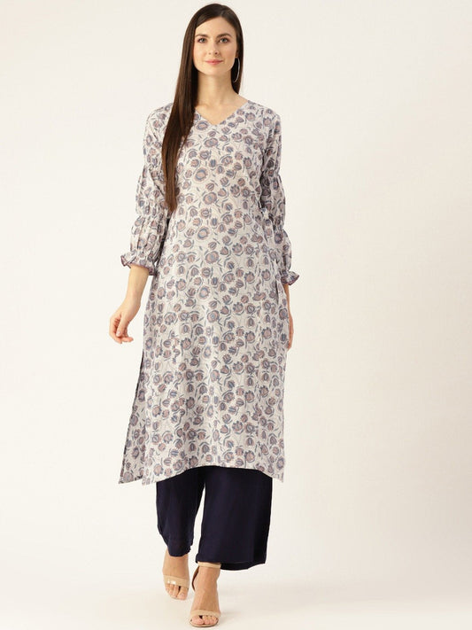 Women Grey Calf Length Three-Quarter Sleeves A-Line Floral Printed Cotton Kurta | LASVINI - Redefining Indian Fashion with Elegance