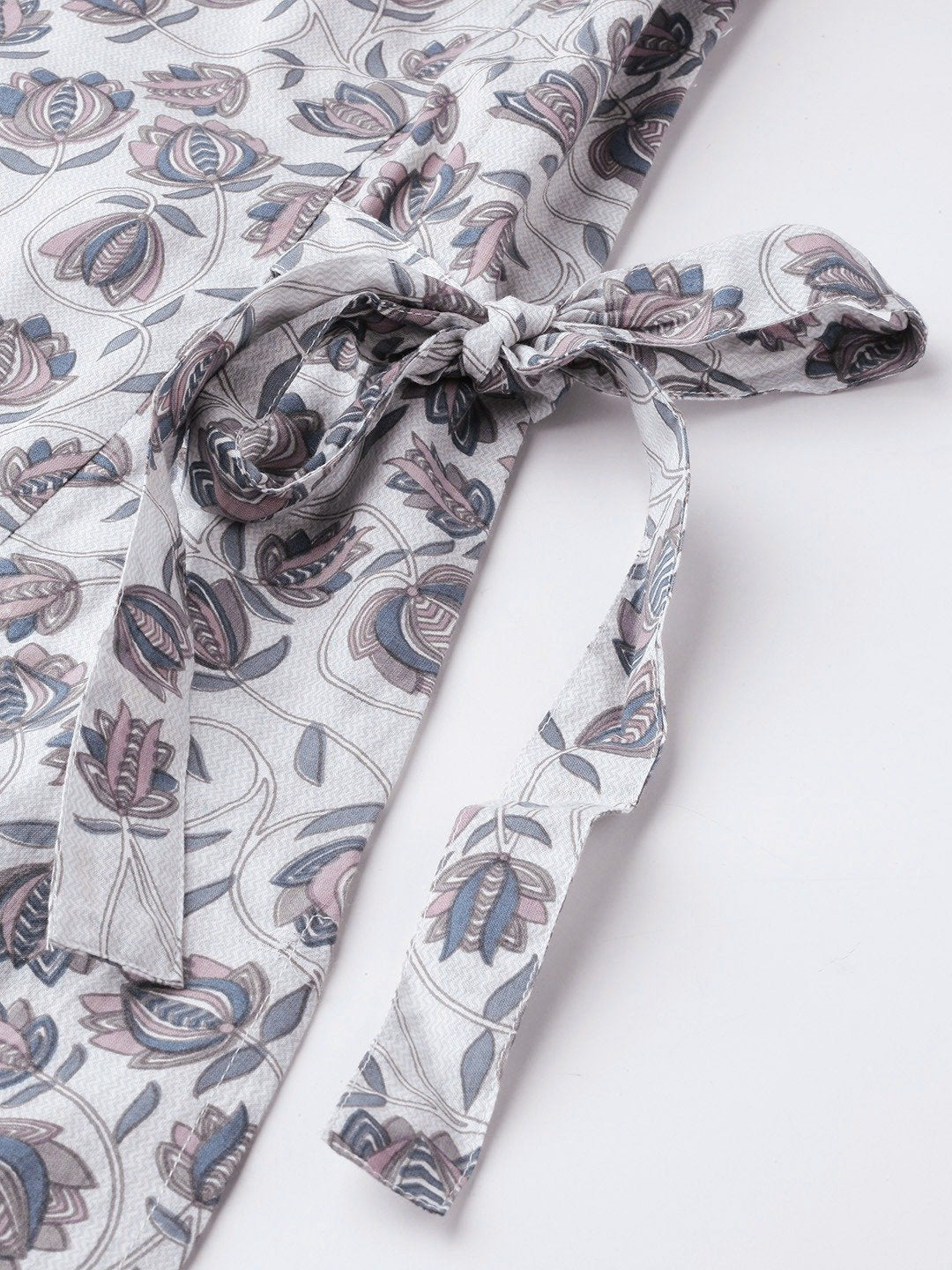 Women Grey Calf Length Three-Quarter Sleeves A-Line Floral Printed Cotton Kurta | LASVINI - Redefining Indian Fashion with Elegance