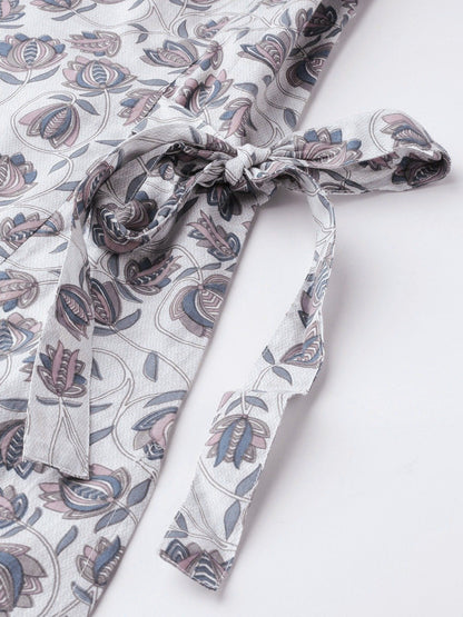 Women Grey Calf Length Three-Quarter Sleeves A-Line Floral Printed Cotton Kurta | LASVINI - Redefining Indian Fashion with Elegance