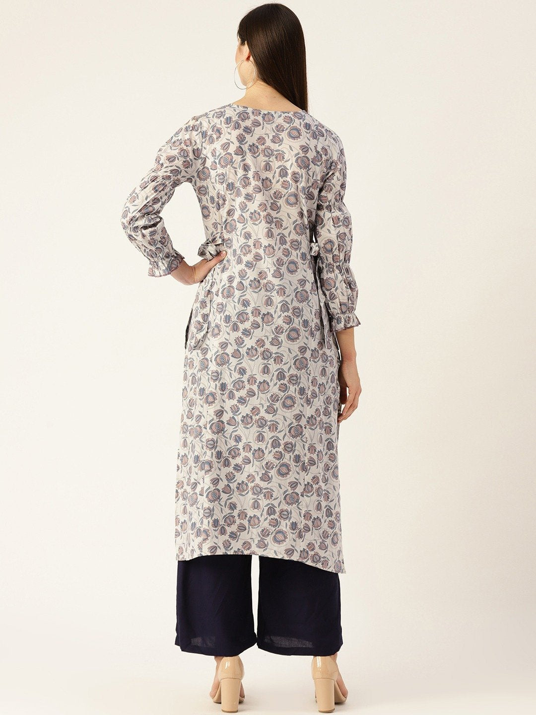 Women Grey Calf Length Three-Quarter Sleeves A-Line Floral Printed Cotton Kurta | LASVINI - Redefining Indian Fashion with Elegance