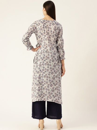 Women Grey Calf Length Three-Quarter Sleeves A-Line Floral Printed Cotton Kurta | LASVINI - Redefining Indian Fashion with Elegance