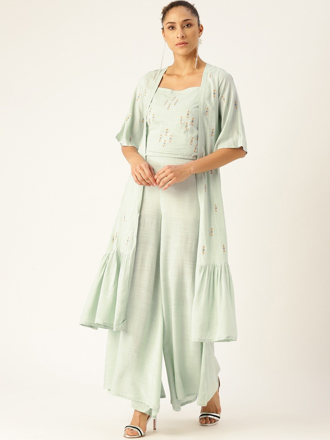 Women Grey Embroidered Top Pant With Shrug Set | LASVINI - Redefining Indian Fashion with Elegance