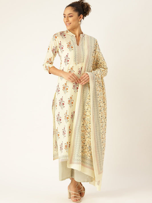 Women Offwhite Three-Quarter Sleeves Straight Kurta Palazzo And Dupatta Set | LASVINI - Redefining Indian Fashion with Elegance