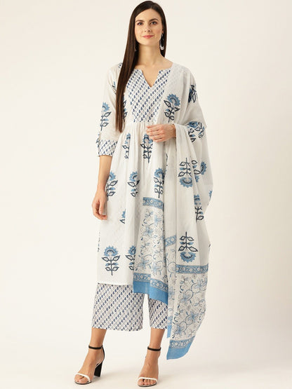 Women White Three-Quarter Sleeves Flared Kurta Palazzo And Dupatta Set | LASVINI - Redefining Indian Fashion with Elegance