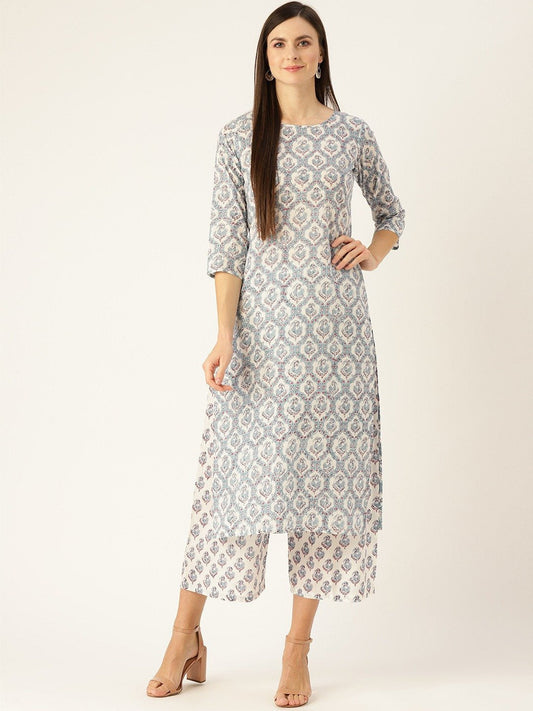 Women Blue Three-Quarter Sleeves Straight Kurta With Palazzo Set | LASVINI - Redefining Indian Fashion with Elegance