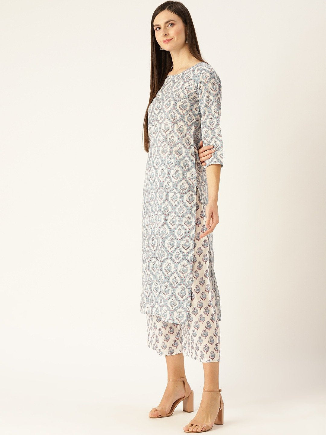 Women Blue Three-Quarter Sleeves Straight Kurta With Palazzo Set | LASVINI - Redefining Indian Fashion with Elegance