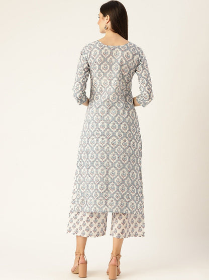 Women Blue Three-Quarter Sleeves Straight Kurta With Palazzo Set | LASVINI - Redefining Indian Fashion with Elegance