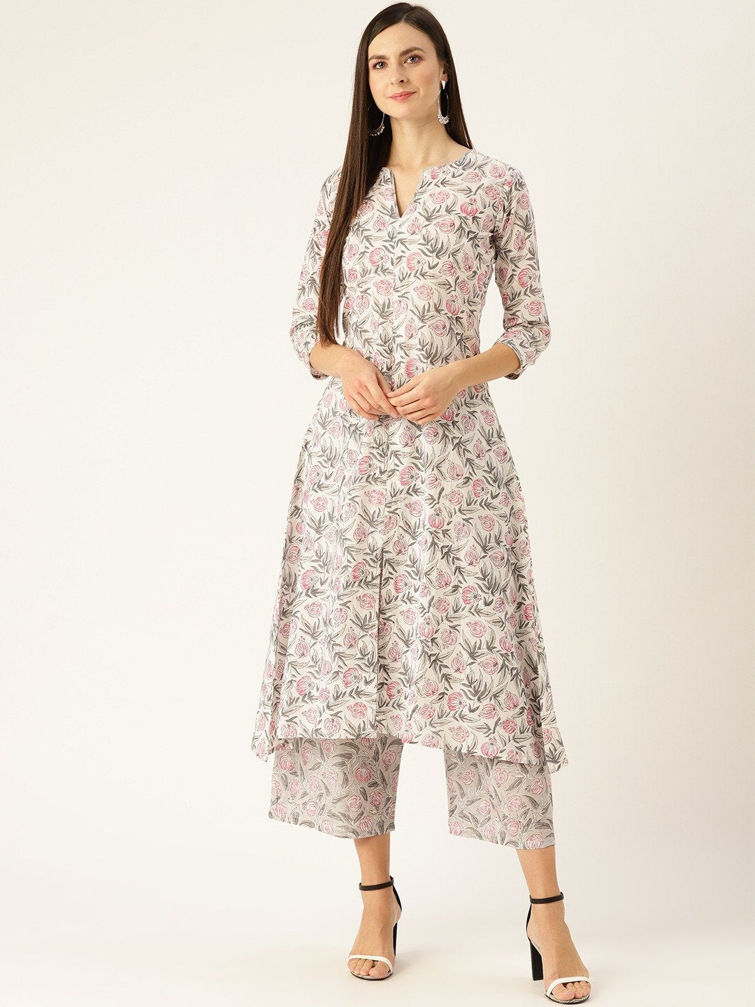 Women Offwhite Three-Quarter Sleeves Straight Kurta With Palazzo Set | LASVINI - Redefining Indian Fashion with Elegance