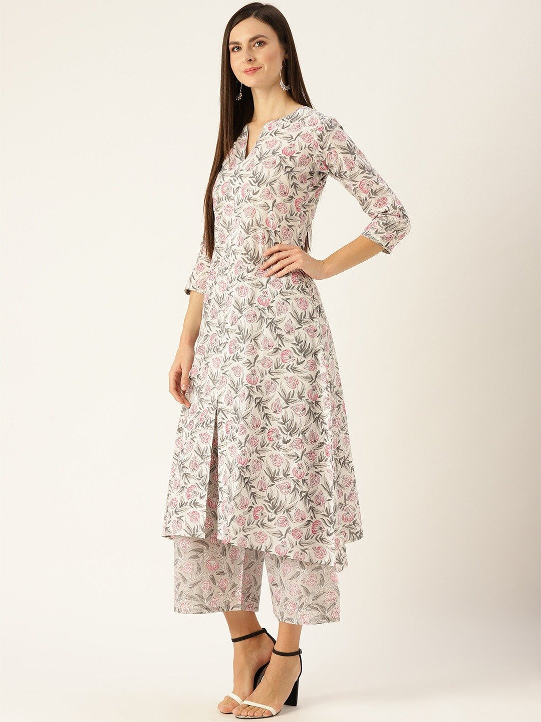 Women Offwhite Three-Quarter Sleeves Straight Kurta With Palazzo Set | LASVINI - Redefining Indian Fashion with Elegance