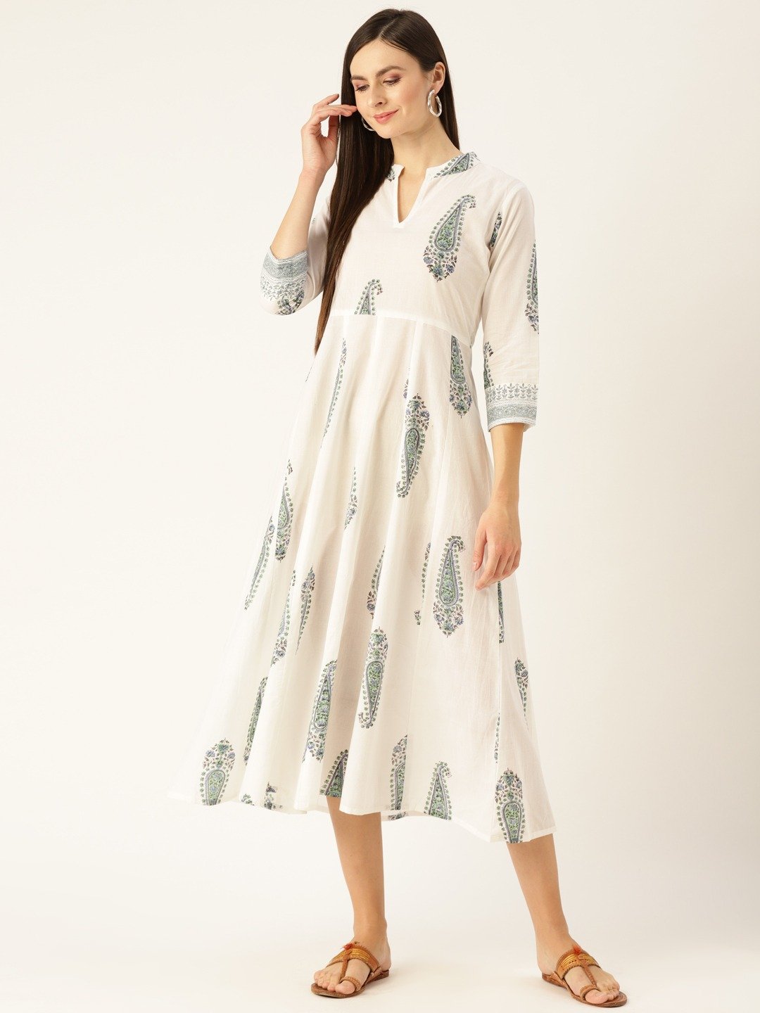 Women White Floral Printed Mandarin Collar Cotton Maxi Dress | LASVINI - Redefining Indian Fashion with Elegance