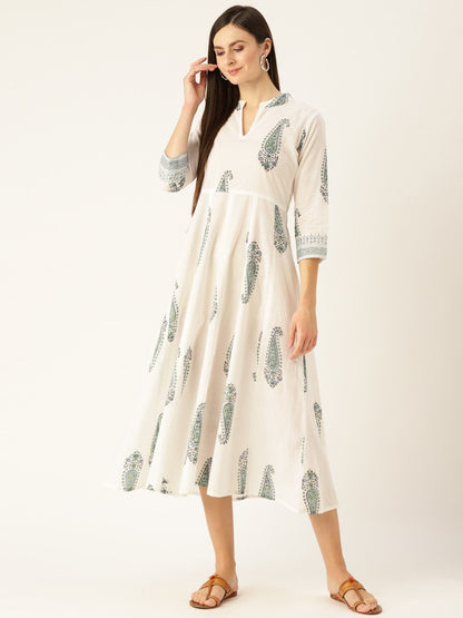 Women White Floral Printed Mandarin Collar Cotton Maxi Dress | LASVINI - Redefining Indian Fashion with Elegance