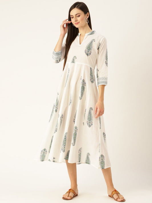 Women White Floral Printed Mandarin Collar Cotton Maxi Dress | LASVINI - Redefining Indian Fashion with Elegance