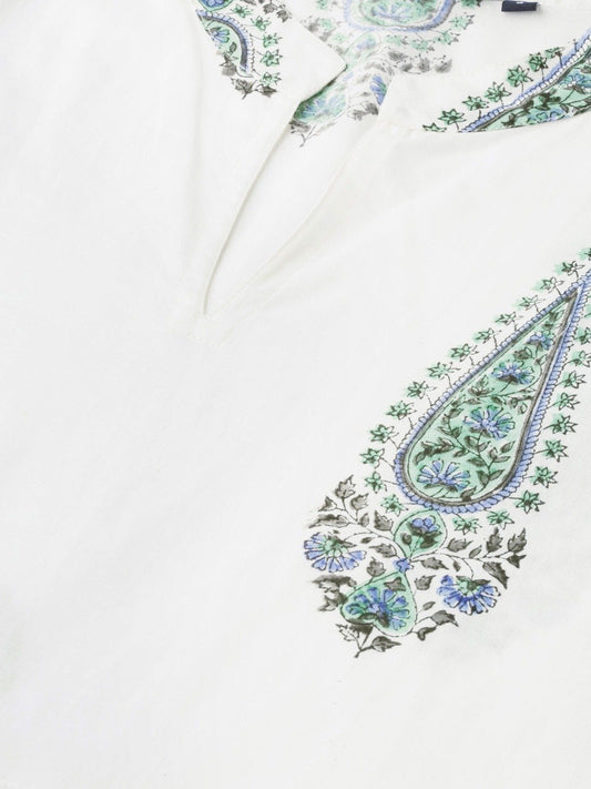 Women White Floral Printed Mandarin Collar Cotton Maxi Dress | LASVINI - Redefining Indian Fashion with Elegance