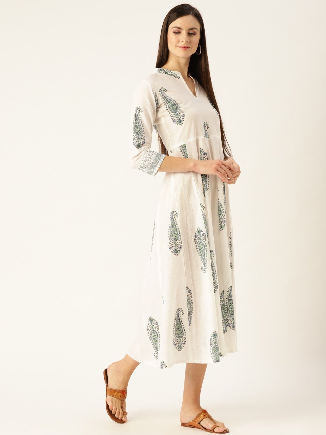 Women White Floral Printed Mandarin Collar Cotton Maxi Dress | LASVINI - Redefining Indian Fashion with Elegance