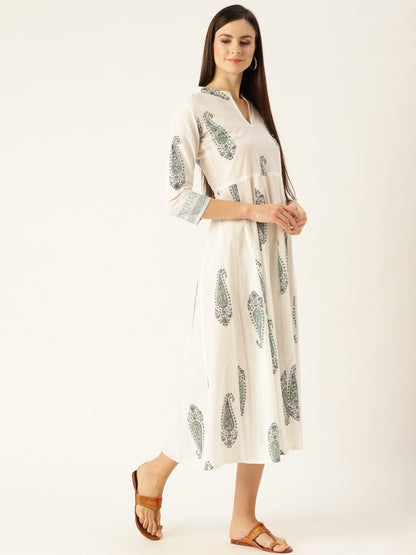 Women White Floral Printed Mandarin Collar Cotton Maxi Dress | LASVINI - Redefining Indian Fashion with Elegance
