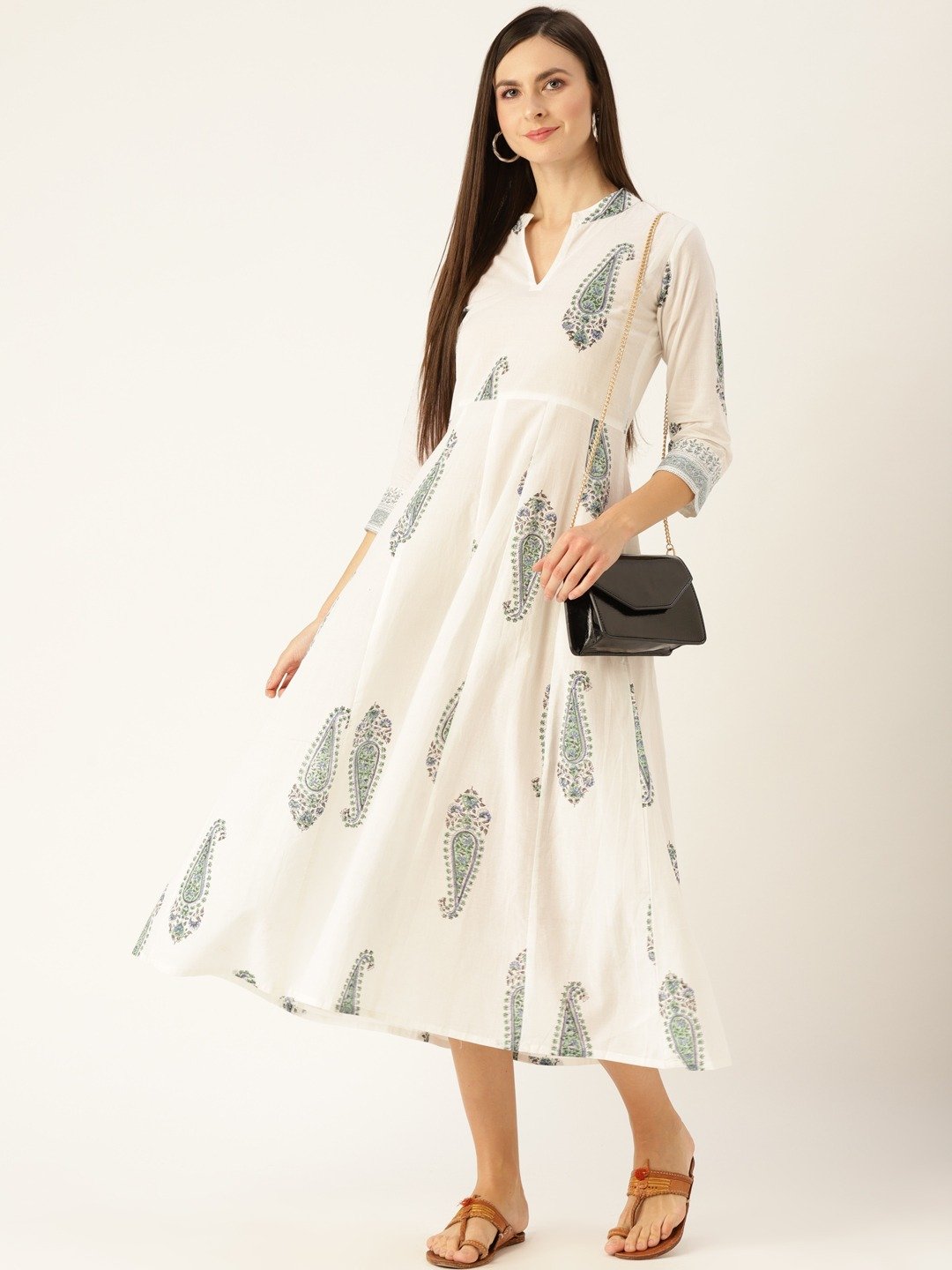 Women White Floral Printed Mandarin Collar Cotton Maxi Dress | LASVINI - Redefining Indian Fashion with Elegance