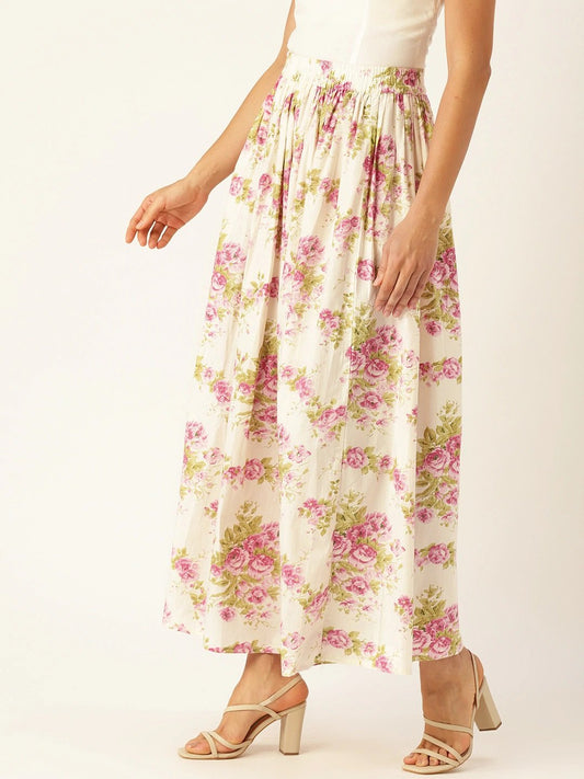 Women Off White Floral Printed Skirt | LASVINI - Redefining Indian Fashion with Elegance