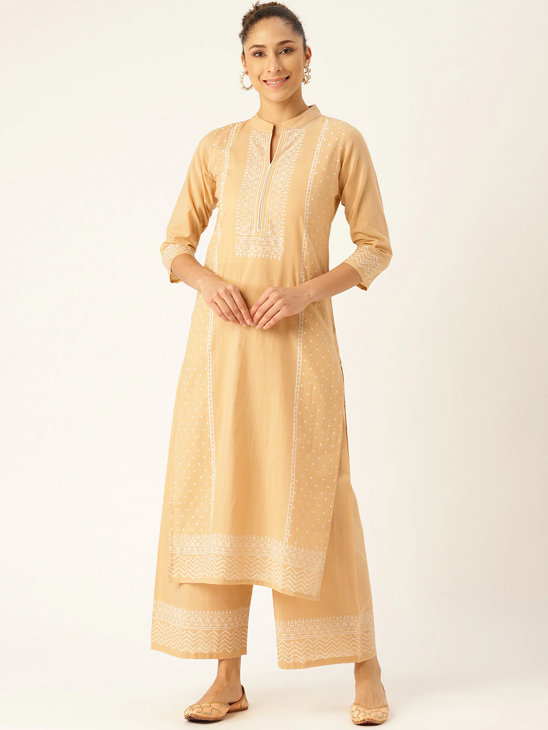 Women Beige & White Printed Kurta With Palazzos | LASVINI - Redefining Indian Fashion with Elegance
