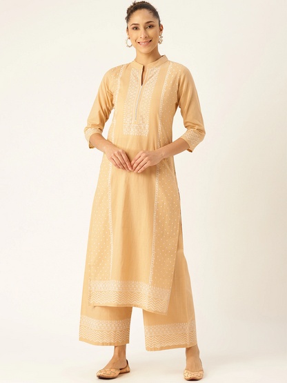 Women Beige & White Printed Kurta With Palazzos | LASVINI - Redefining Indian Fashion with Elegance