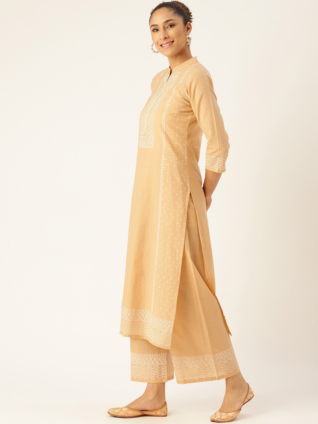 Women Beige & White Printed Kurta With Palazzos | LASVINI - Redefining Indian Fashion with Elegance