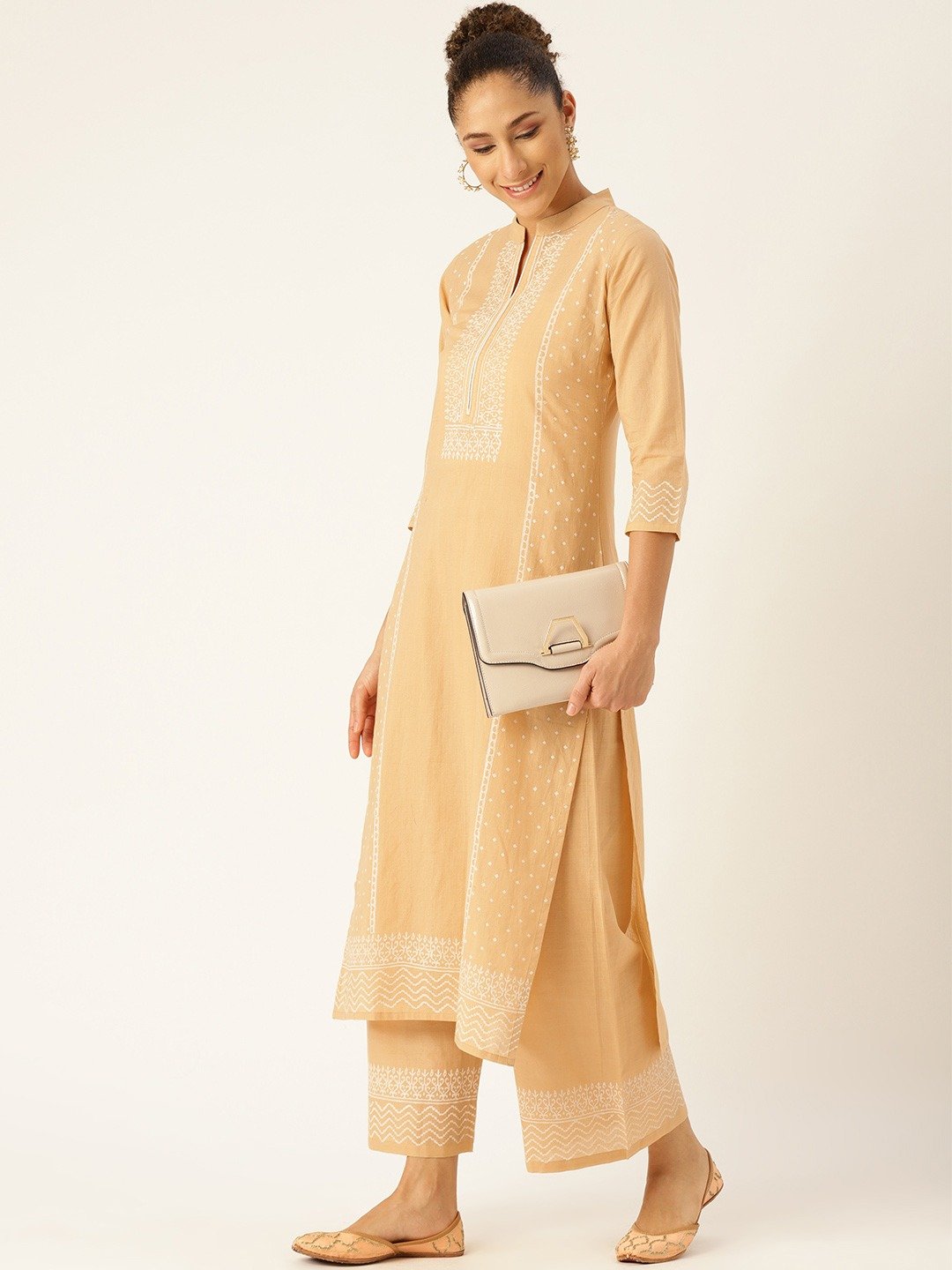 Women Beige & White Printed Kurta With Palazzos | LASVINI - Redefining Indian Fashion with Elegance