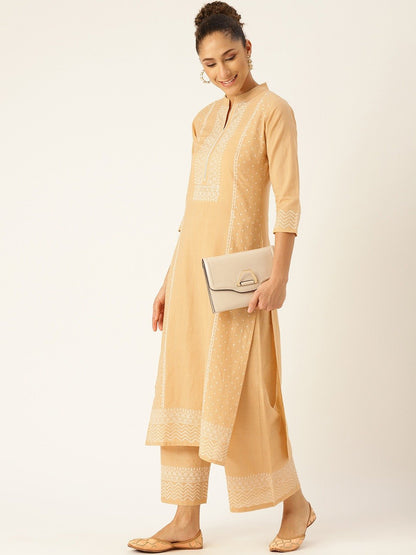 Women Beige & White Printed Kurta With Palazzos | LASVINI - Redefining Indian Fashion with Elegance
