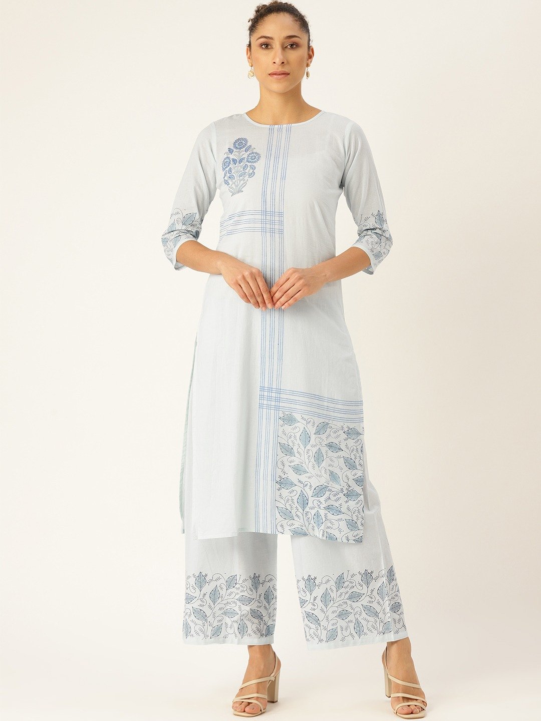 Women Blue Three-Quarter Sleeves Straight Kurta With Palazzo Set | LASVINI - Redefining Indian Fashion with Elegance