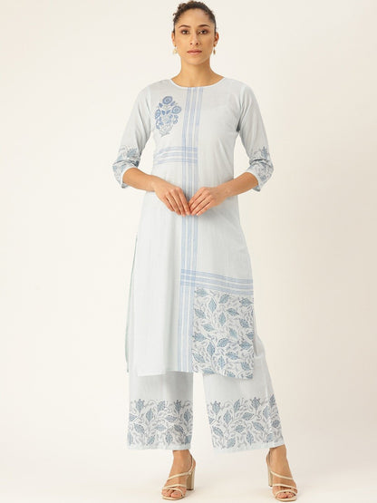 Women Blue Three-Quarter Sleeves Straight Kurta With Palazzo Set | LASVINI - Redefining Indian Fashion with Elegance