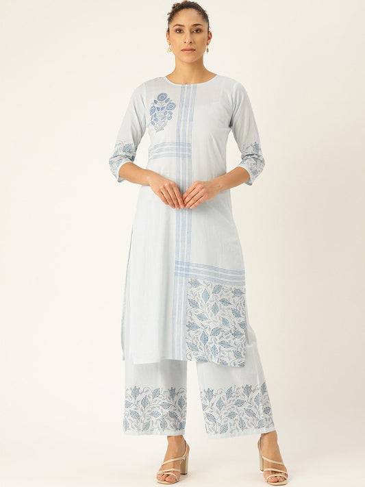 Women Blue Three-Quarter Sleeves Straight Kurta With Palazzo Set | LASVINI - Redefining Indian Fashion with Elegance