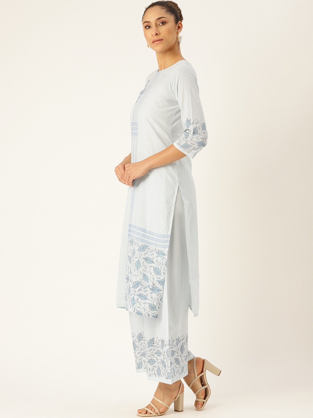Women Blue Three-Quarter Sleeves Straight Kurta With Palazzo Set | LASVINI - Redefining Indian Fashion with Elegance