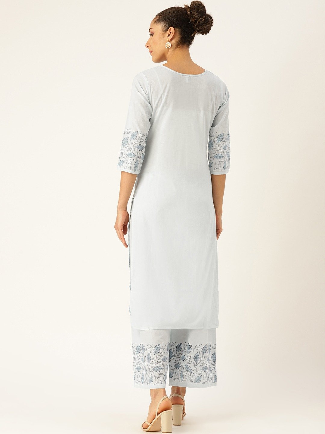 Women Blue Three-Quarter Sleeves Straight Kurta With Palazzo Set | LASVINI - Redefining Indian Fashion with Elegance