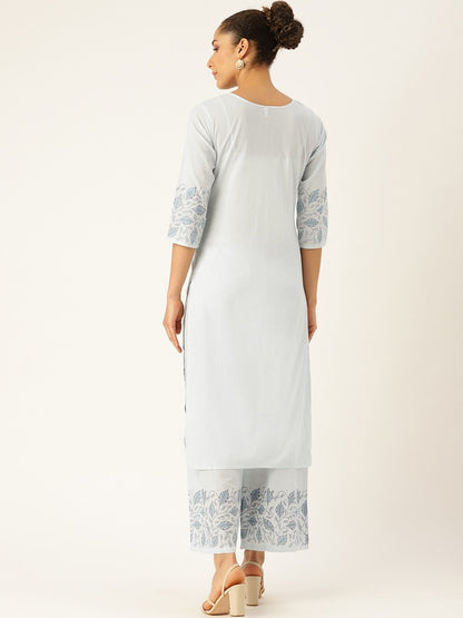 Women Blue Three-Quarter Sleeves Straight Kurta With Palazzo Set | LASVINI - Redefining Indian Fashion with Elegance