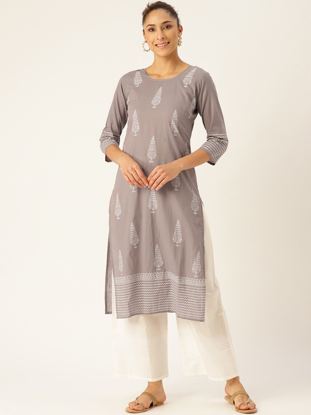 Women Grey Three-Quarter Sleeves Straight Kurta With Palazzo Set | LASVINI - Redefining Indian Fashion with Elegance