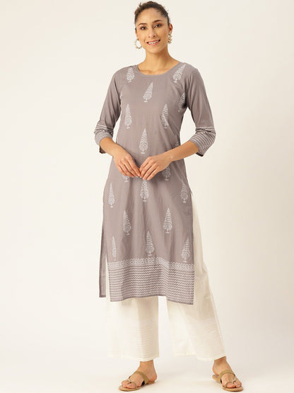 Women Grey Three-Quarter Sleeves Straight Kurta With Palazzo Set | LASVINI - Redefining Indian Fashion with Elegance