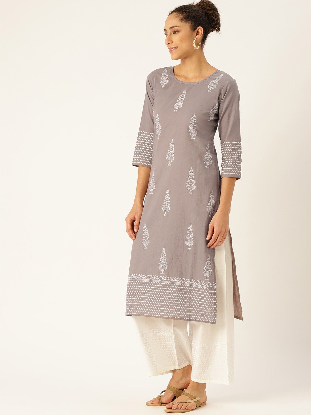 Women Grey Three-Quarter Sleeves Straight Kurta With Palazzo Set | LASVINI - Redefining Indian Fashion with Elegance