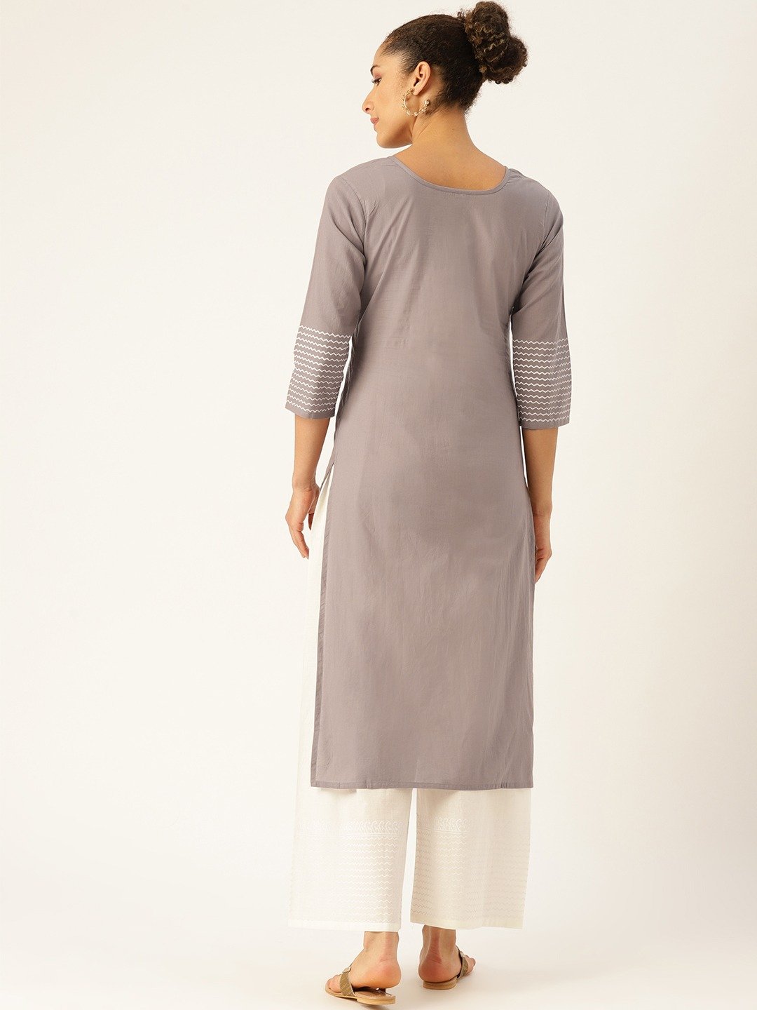 Women Grey Three-Quarter Sleeves Straight Kurta With Palazzo Set | LASVINI - Redefining Indian Fashion with Elegance