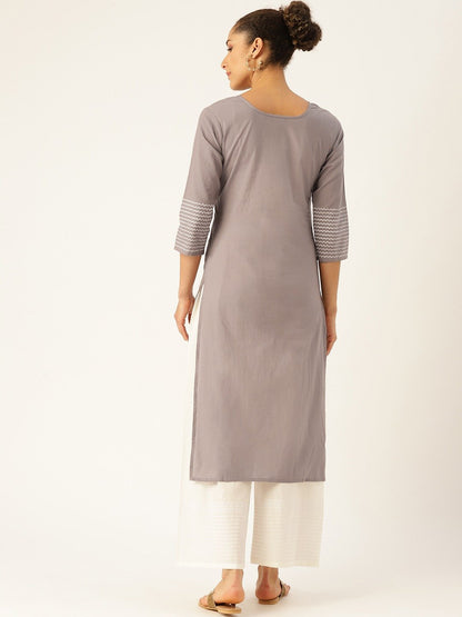 Women Grey Three-Quarter Sleeves Straight Kurta With Palazzo Set | LASVINI - Redefining Indian Fashion with Elegance